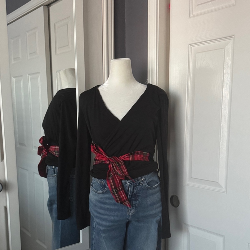 NEW LISTING!! J. Crew Black Wrap Top with Red Plaid Detail